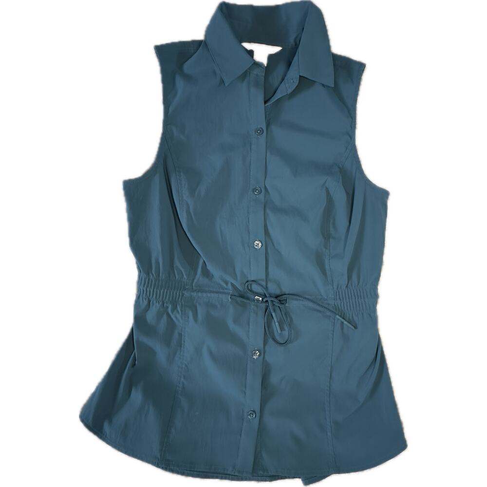 Athleta Levitate Poplin Tank Top XS Borealis Green‎ Cinched Tie Waist Sleeveless - Picture 2 of 7